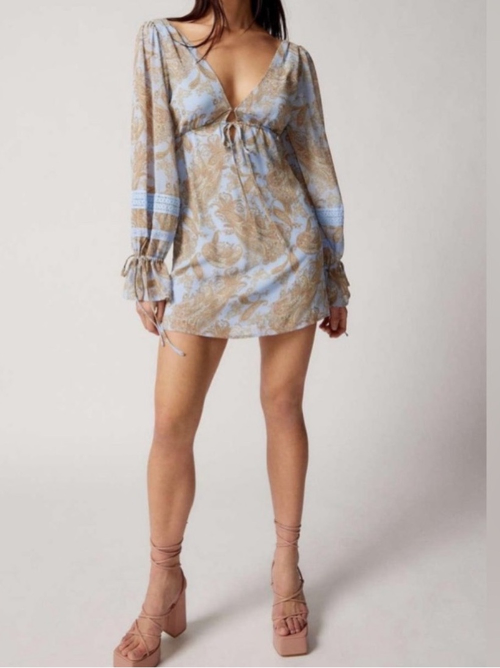 Urban Outfitters Light Blue & Tan Paisley Tie-Front Peasant Tunic